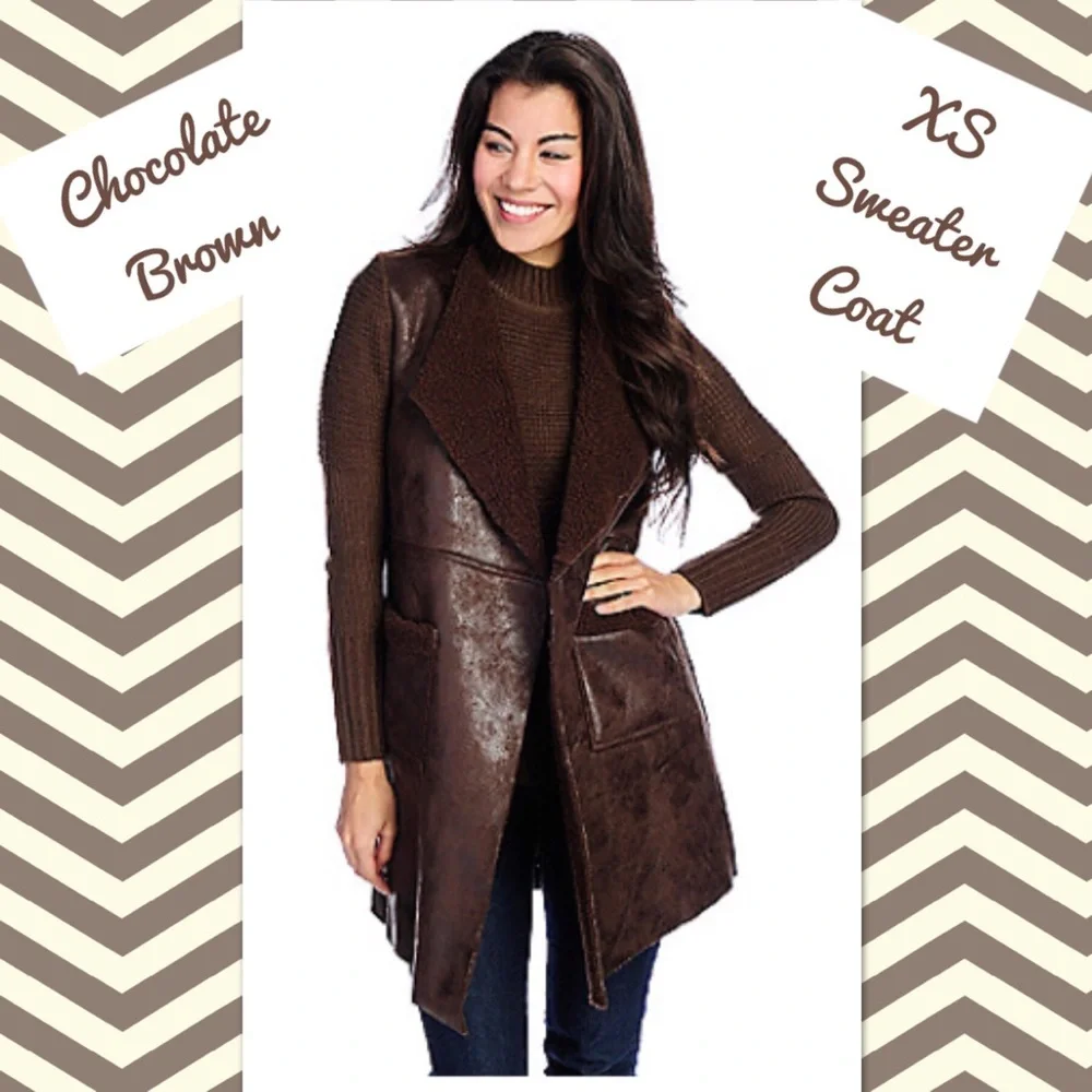 NWT Sweater Coat Pockets Faux Leather Sherpa Brown tones Sweater Back xs/sm